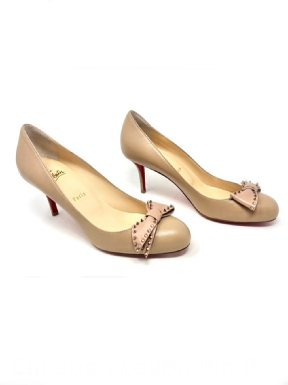 Christian Louboutin Ballalarina Studded Bow Nude Leather Pumps Heels 39